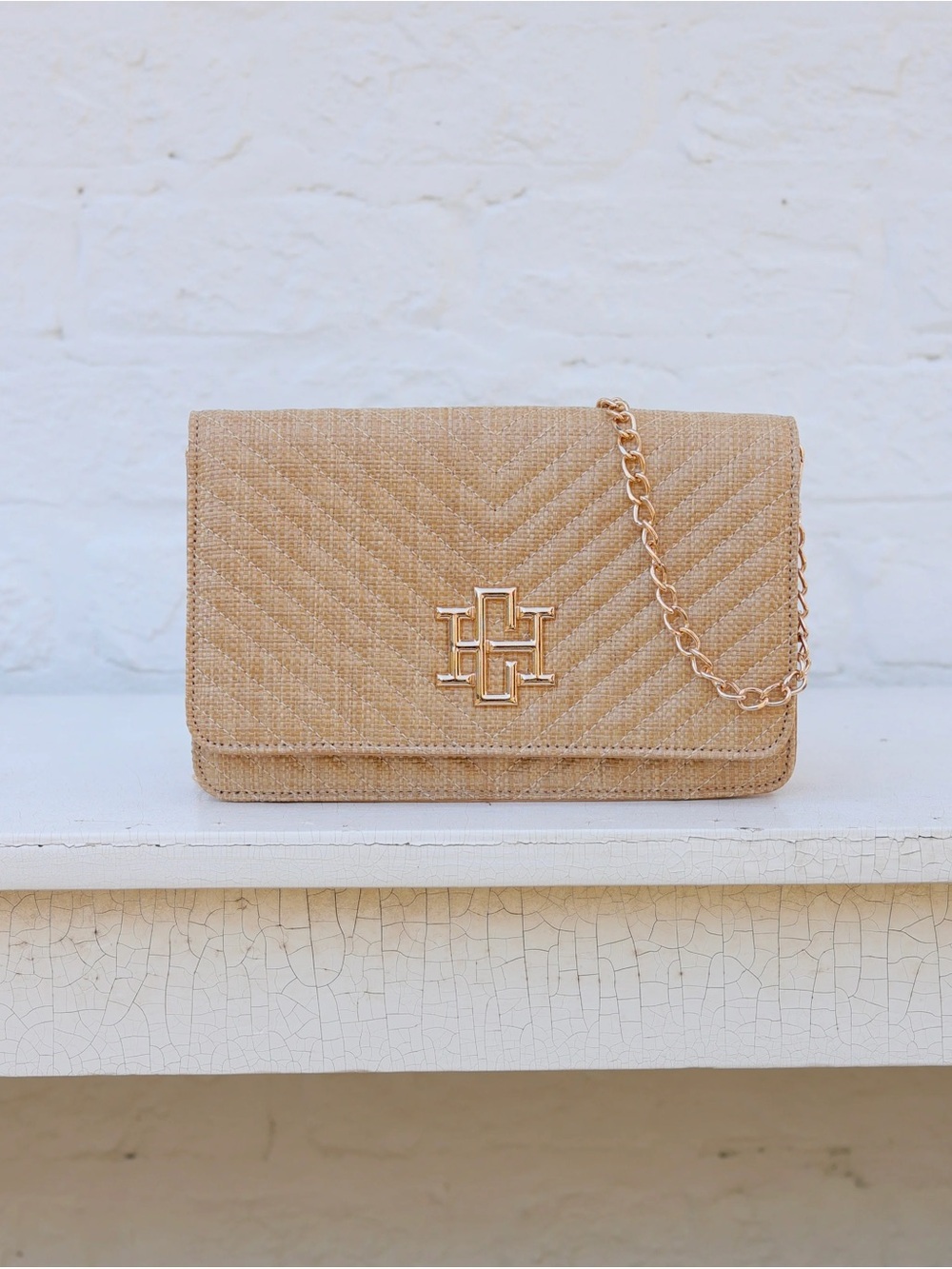 Neutral Straw Crossbody with Gold Chain and Logo Accent